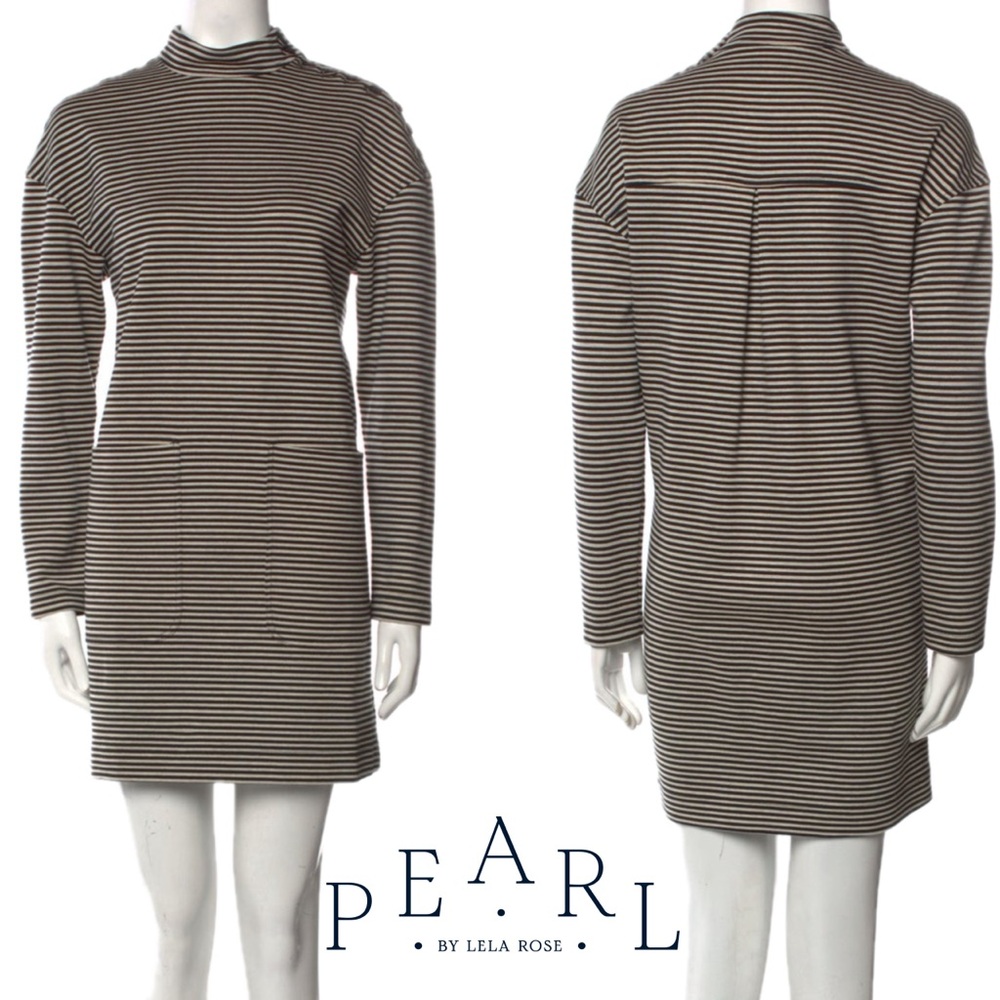 Pearl by Lela Rose Stripe long sleeve Mock Neck Mini Shift Dress USA Designer XS